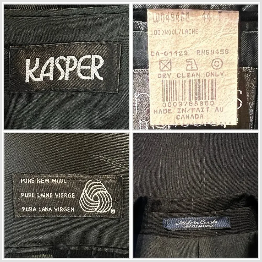 Kasper Mens 44L 35x29 Black Banker's Stripe Suit Virgin Wool 3/2 Roll